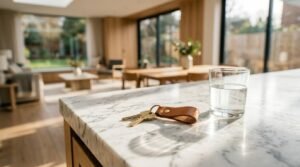 House keys on a marble kitchen island in a modern open-plan home with large windows and garden views