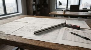 Home renovation plans, contractor quotes, measuring tools, and budget documents on a wooden office desk