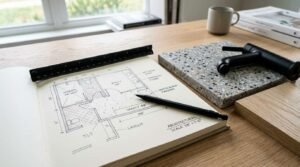 Bathroom renovation planning desk with architectural floor plans, matte black faucet, terrazzo tile sample, and design materials for a modern bathroom remodel