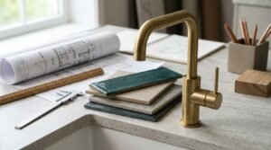 Brass kitchen faucet with countertop material samples and architectural plans