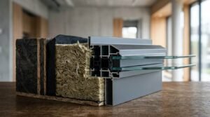A cutaway cross-section sample of an energy-efficient double-glazed window frame showing the thermal break, rockwool insulation layer, and exterior wall framing on a wooden display table