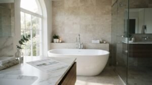 Luxury bathroom with a freestanding bathtub, glass shower, marble vanity, and renovation budget documents