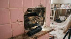 Hidden wood rot and structural damage discovered behind bathroom tiles during renovation