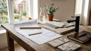 Bathroom renovation planning workspace on a rustic wooden table with architectural floor plans, scale ruler, matte black faucet, tile swatches, and travertine samples