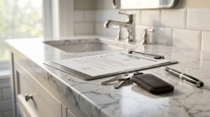 Clipboard with renovation checklist and house keys on a bathroom vanity countertop