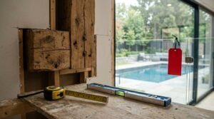 A heavy rustic timber support beam and post exposed inside an interior wall during renovation, with a spirit level and tape measure on a workbench overlooking a swimming pool patio through a glass door with a red tag