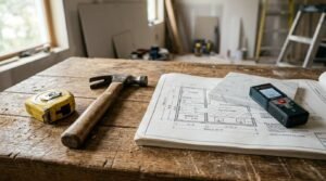 Home renovation planning with a hammer, tape measure, floor plans, marble sample, and laser distance meter on a workbench