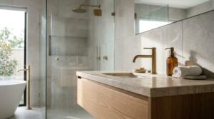 Modern bathroom with frameless glass shower, floating wooden vanity, stone countertop, and brushed gold fixtures