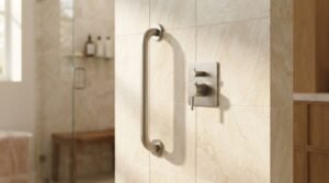 Vertical brushed nickel grab bar mounted next to a lever-operated shower mixer valve on travertine tiled wall, with a walk-in shower and wooden bench in the background
