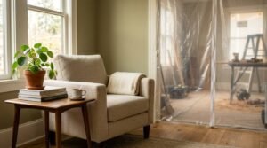 Home renovation with a comfortable living room quiet zone separated by a dust barrier, featuring an armchair, side table, and construction area in the background