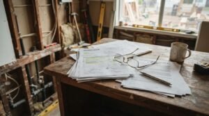 Bathroom renovation documents and project quote on a workbench inside a partially demolished bathroom under renovation