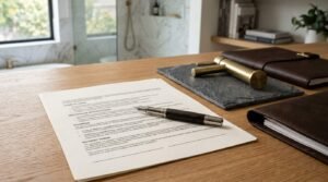 Bathroom renovation contract with project specifications, luxury fixture samples, and a modern bathroom in the background
