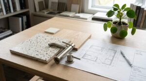 Bathroom renovation planning with architectural floor plans, brushed nickel faucet, terrazzo tile sample, wood finish, and material selections for a modern bathroom remodel