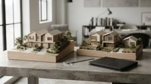 Two detailed architectural scale models showcasing modern multi-dwelling and duplex residential developments with landscaped yards, displayed beside a stainless steel vernier caliper and black portfolio on a concrete studio table