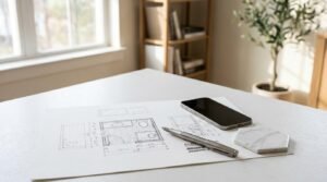 Powder room renovation budget planning with bathroom floor plan, smartphone, and design material sample