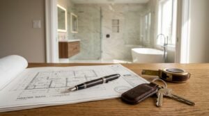 Bathroom renovation blueprint with house keys, measuring tape, and architectural plans in front of a completed modern luxury bathroom