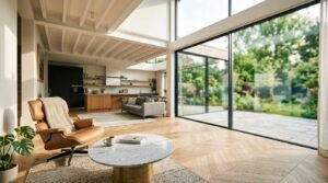 Modern open-plan living room with floor-to-ceiling sliding glass doors overlooking a landscaped garden