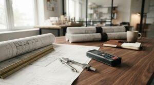 Architectural plans and measuring tools on a desk in a modern design office