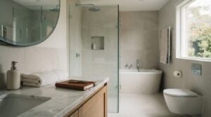 Modern luxury bathroom with glass shower, freestanding bathtub, floating vanity, marble countertop, wall-mounted toilet, and large window with natural light