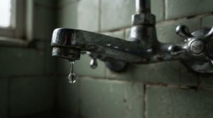 Leaking bathroom faucet with dripping water from an old tap in need of plumbing repair