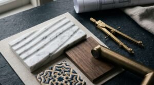 Luxury bathroom material mood board with marble sample, wood finish, brass faucet, and decorative tile