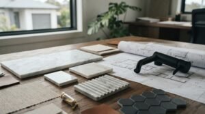 Bathroom renovation design materials and modern matte black faucet with marble tile samples and architectural floor plans on a wooden workspace