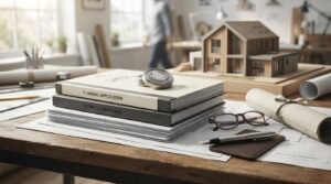 Planning application documents and technical drawings on an architect's desk with a house model and construction plans