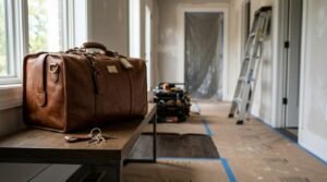 Home renovation project with a leather travel bag and house keys on a bench, showcasing a hallway under remodeling with contractor tools and protective floor covering