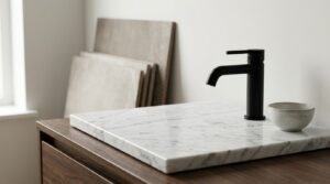 Modern bathroom vanity with marble countertop, matte black faucet, and porcelain tile samples