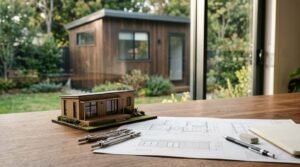A miniature scale model of a modern timber granny flat resting beside floor plans and drafting tools on a wooden desk, overlooking an existing wooden backyard shed through the window