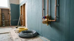 Bathroom renovation rough-in featuring a shower mixing valve, exposed copper pipework, waterproofed wall, and electrical conduit before tile installation