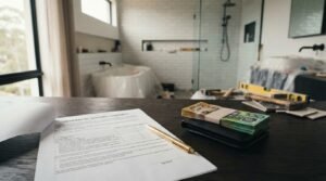 Bathroom renovation contract, deposit payment, and cash on a countertop in a modern bathroom under renovation