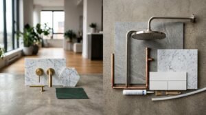 Powder room vs full bathroom renovation materials with plumbing fixtures, tile samples, and marble finishes