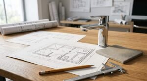 Bathroom renovation planning with faucet, architectural floor plans, tile sample, and measuring tools
