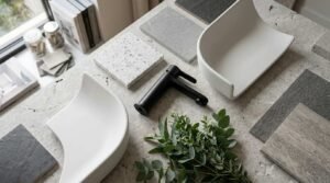 Luxury bathroom design materials featuring vessel sinks, matte black faucet, stone tile samples, and premium countertop finishes for a modern bathroom renovation
