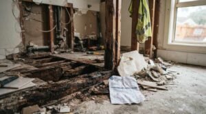 Hidden water damage and rotten subfloor discovered during a bathroom renovation demolition