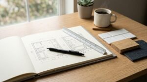 Bathroom layout sketch with ruler, pen, and material samples on a design desk