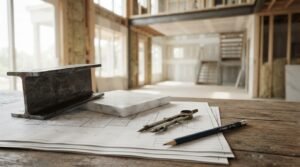 A steel I-beam sample, white marble tile, drafting compass, and pencil resting on architectural blueprints inside a custom home undergoing timber framing and construction