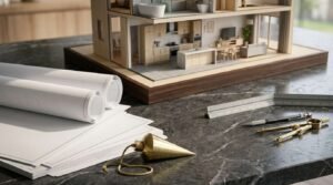 Architectural blueprints, a spirit level, pencil, and tape measure on a dark marble kitchen island countertop in front of exposed wall studs and plumbing during a home renovation