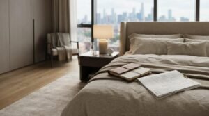 A leather-bound journal and architectural floor plan blueprints resting on a beige linen bed in a luxury high-rise bedroom overlooking a panoramic city skyline