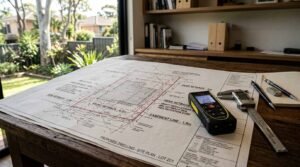 A residential site plan blueprint detailing setback and easement dimensions, laid out with a laser distance meter, digital caliper, and pencils on a wooden desk facing a sunlit backyard
