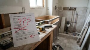 Bathroom renovation quote with highlighted red flags in a partially renovated bathroom under construction
