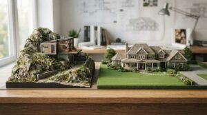 A side-by-side comparison of two architectural scale models on a wooden table, featuring a modern cantilevered cliffside home integrated into a rocky terrain on the left and a traditional luxury suburban estate with manicured lawns on the right