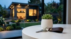 A house key with a dark brown leather fob and a small potted succulent on a white round table overlooking a glowing modern backyard ADU studio at dusk