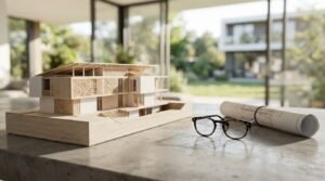 A timber architectural scale model of a modern multi-level house with latticework facades, resting on a concrete table beside eyeglasses and a rolled blueprint in front of sunlit floor-to-ceiling windows