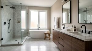 Modern master bathroom with double vanity, freestanding bathtub, frameless glass shower, and marble tile walls