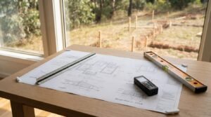 Architectural blueprints for a proposed granny flat, a triangular scale ruler, a spirit level, and a digital laser measure on a wooden desk overlooking a marked backyard excavation site