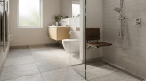 Accessible walk-in shower featuring a fold-down dark teak bench seat, adjustable handheld shower head, linear floor drain, and curbless tile entry