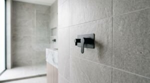 Completed bathroom renovation featuring large-format porcelain wall tiles, matte black shower mixer trim, and a modern walk-in shower with premium finishes