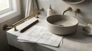 Bathroom countertop with round concrete vessel sink, brushed brass wall-mounted tapware, architectural floor plan prints, triangular scale ruler, and safety grab bar